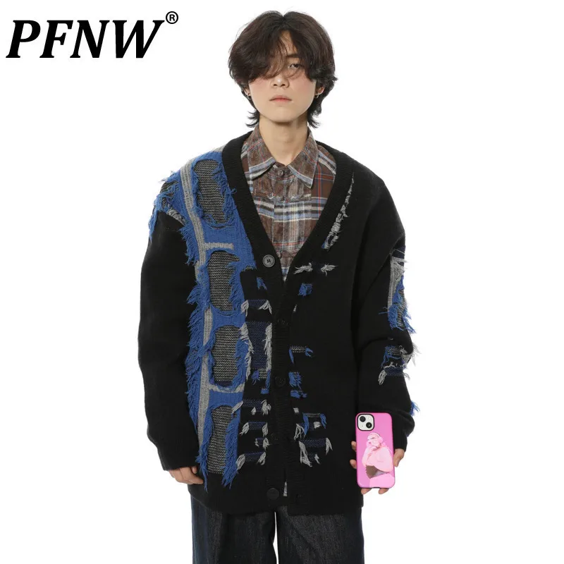 PFNW Korean Brushed Spliced Contrast Color Destruction Sweater Male New V-Neck Loose Cardigan Trend Men's Tops Autumn 28W4235