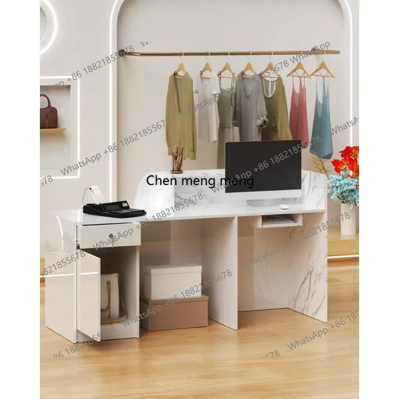 A178  Modern Reception Desk with Counter, Solid Wood Retail Counter with Lockable Drawer & Shelves, White Front Desk for Checkou