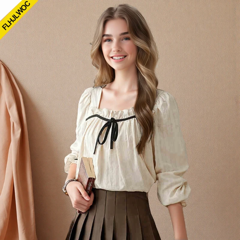 

French Court-Style Blouse Cute Sweet Mori Girls Japan Style Retro Vintage Short Flare Sleeve Cotton Bow Tie Tops