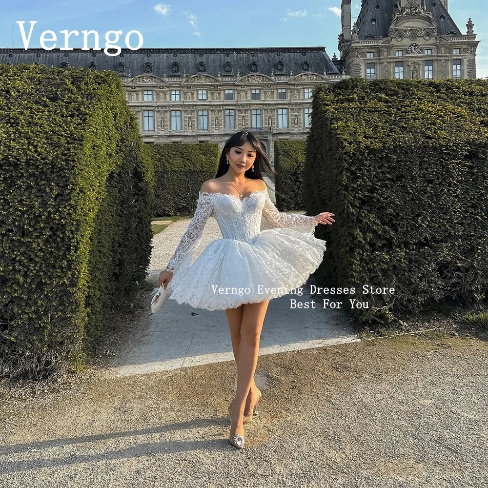 Verngo Lace Mini Prom Gown Off The Shoulder Full Sleeves Short Cocktail Dress For Women Elegant Ball Gowns Hot Puff Prom Dress