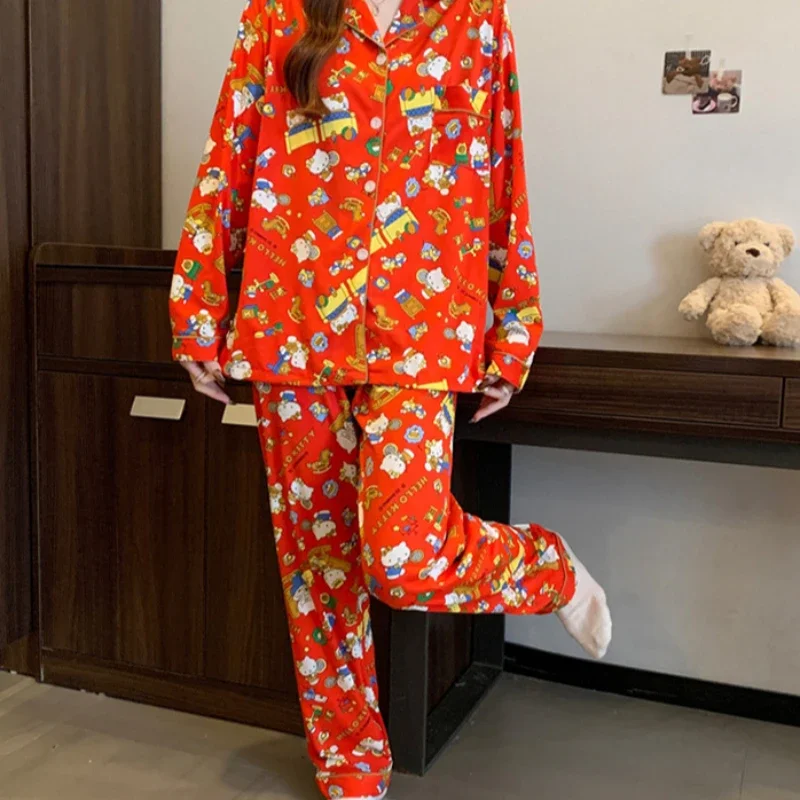 Red Hello Kitty pajamas, cotton Sanrio Hello Kitty loungewear, Hello Kitty women's two-piece pajamas, cartoon Sanrio clothing.
