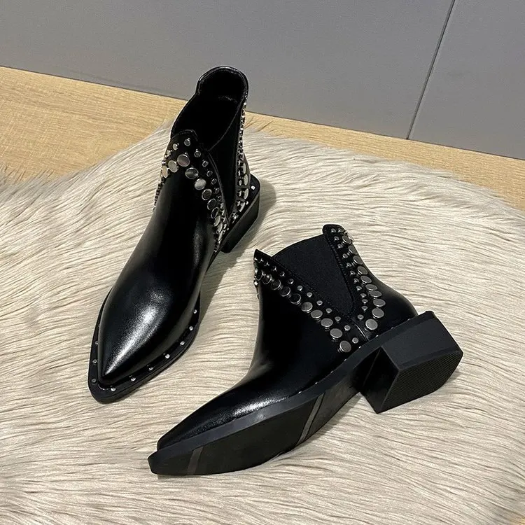 Buty damskie nowy 2025 okrągłe Toe buty damskie nity luksusowe designerskie damskie niskie gumowe skórzane modne duże rozmiary do połowy łydki