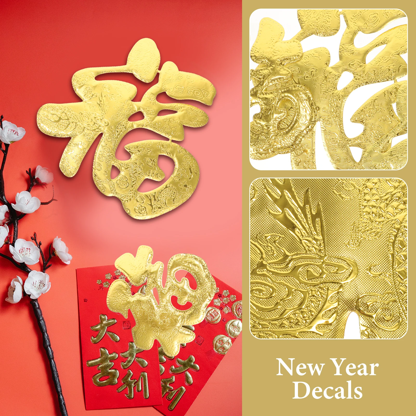 

6 Pcs Golden Fu Word Stickers Spring Festival Decor Chinese New Year Bright Decals Door Window Wall nament Family