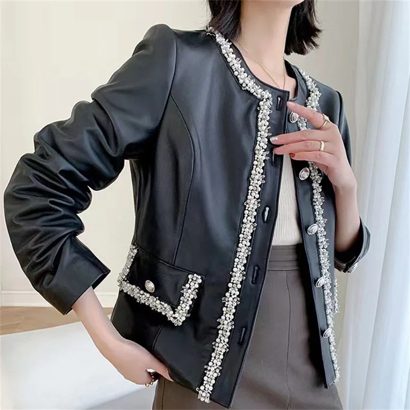 Genuine leather jacket for autumn and winter , new small fragrant style, niche design, nail bead decoration, sheep skin top