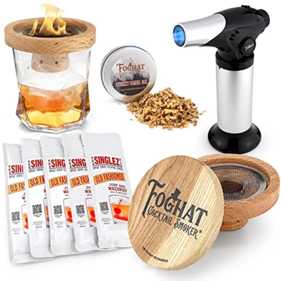 

The Foghat Cocktail Smoker and Old Fashioned Smoked Cocktail Kit with Torch no Butane w Bourbon Barrel Oak Wood Chips (4oz) and