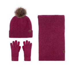 Nuovo arrivo autunno inverno donna cappello di lana sciarpa guanti 3 pezzi Set donna Faux Fur Ball Cap Outdoor peluche cappello di lana per campeggio escursionismo