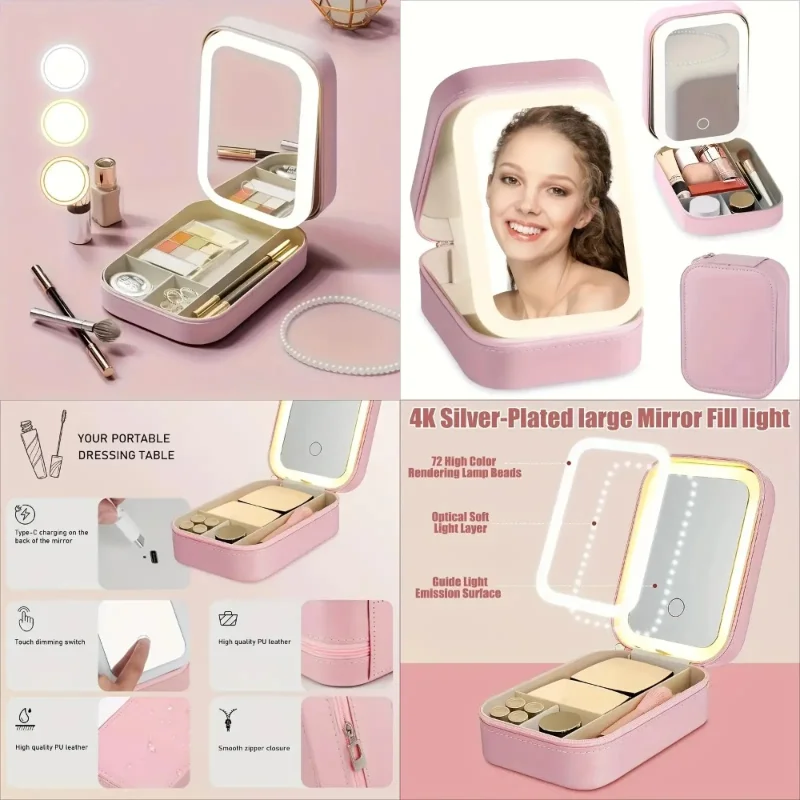 Specchio per trucco portatile a LED rosa con ricarica USB, custodia in ecopelle, design compatto e pieghevole per viaggi, gioielli, ufficio, studi