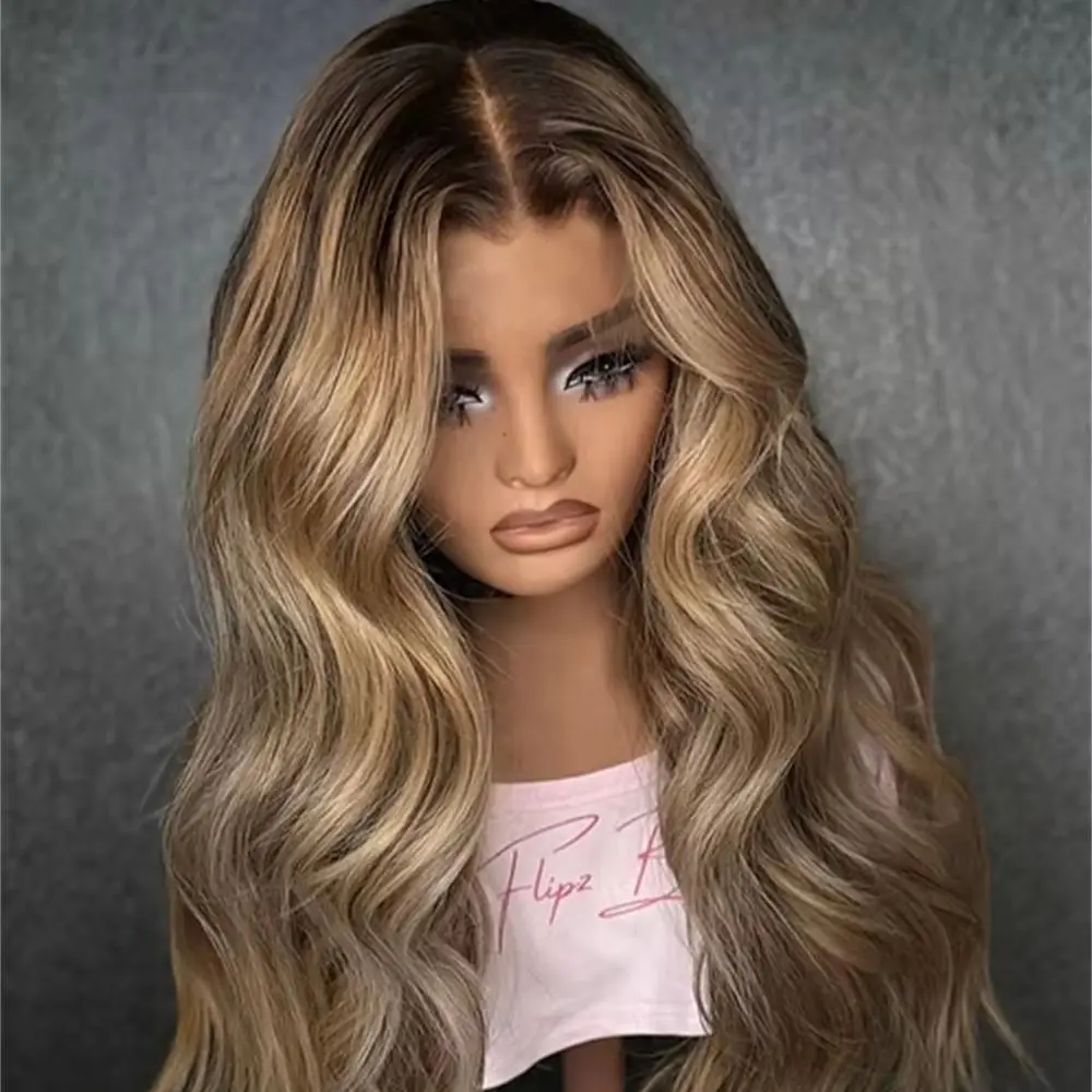 Trendy Wigs 13x4 Ombre Blonde Brown Highlights Synthetic HD Transparent Lace Front Wig 28 Inches Soft Long Wave Wig Glueless Wig