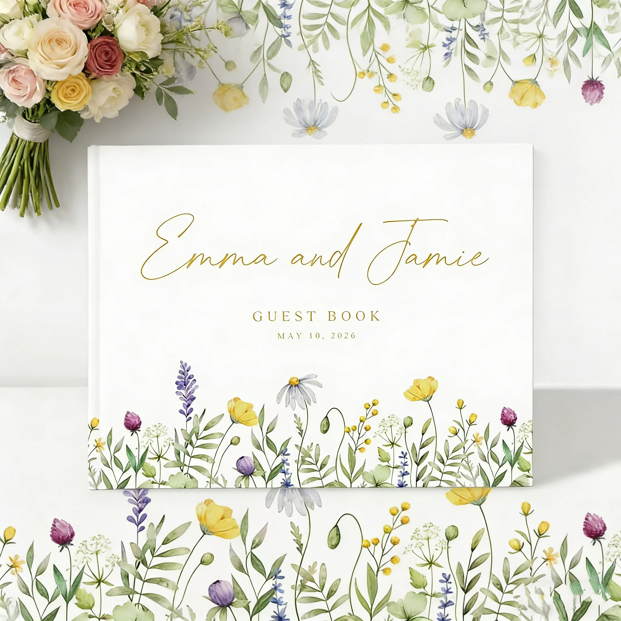 wildflower-themed-wedding-guest-book-with-gold-accent-personalized-garden-wedding-sign-in-album-for-reception-a091
