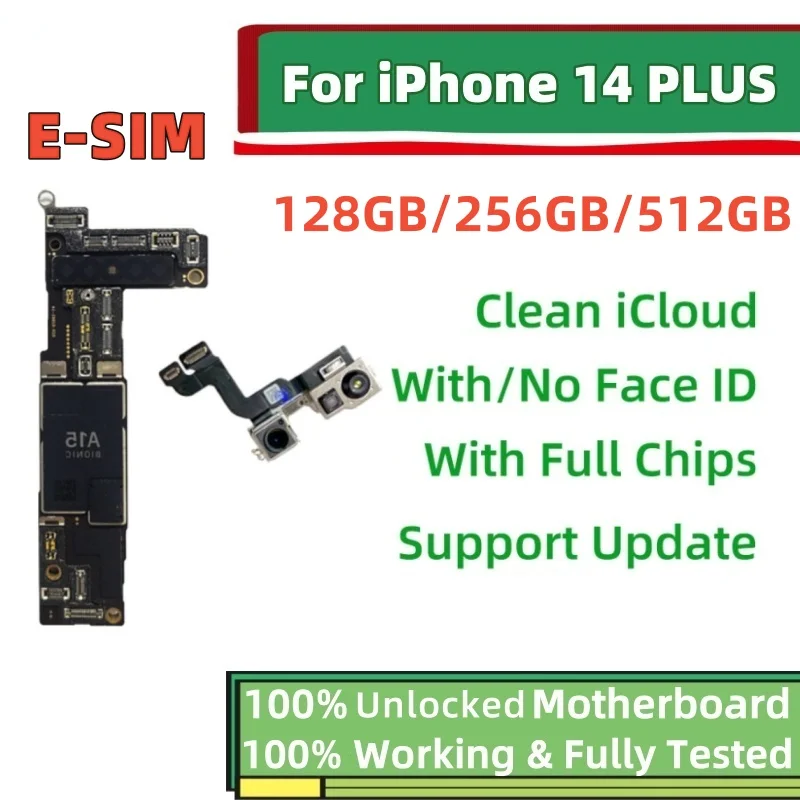 100% Unlocked For iPhone 14 14 Plus Logic board For iphone 14 Plus E-SIM Motherboard No/With Face ID mainboard Clean iCloud