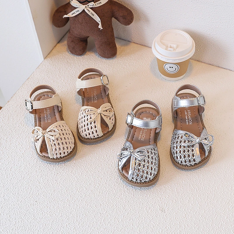 

Summer Girl'S Sandals Braided Bowknot Sliver Beige Kids Cover Toe Sandal Hollow-Out Flexiable Stylish Children Shoes 23-33