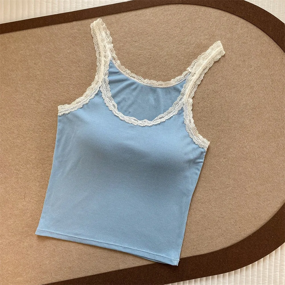 New Cotton Lace Camisole Solid Color Lace Trim Push Up Bra Breathable Crop Top