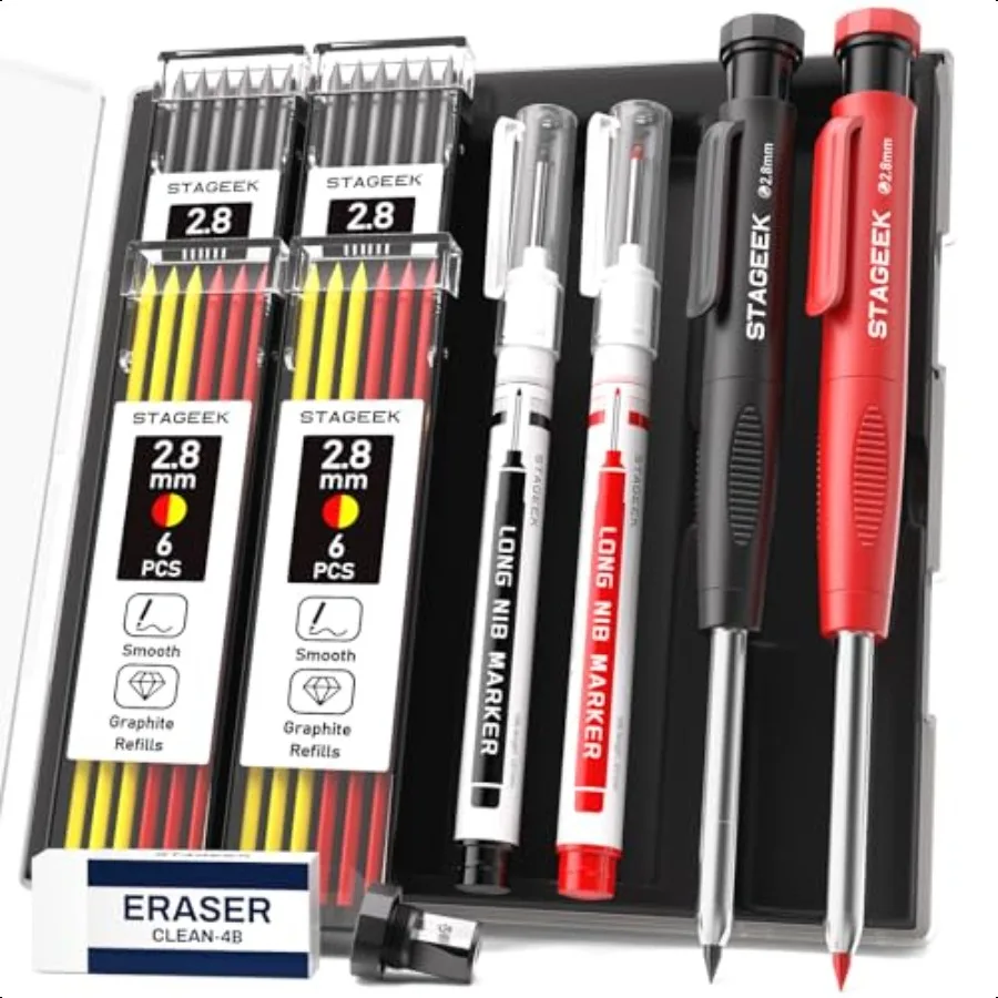

2PCS Carpenter Pencils with Sharpener Heavy Duty Woodworking Tools Mechanical Pencil Set with 26 Refills Deep Hole Long Nib Mar