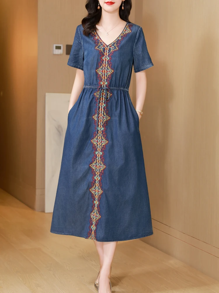 

TIYIHAILEY New Free Shipping V-Neck Vintage Women Long Mid-Calf Short Sleeve Summer Denim M-XL Chinese Style Embroidery Dress