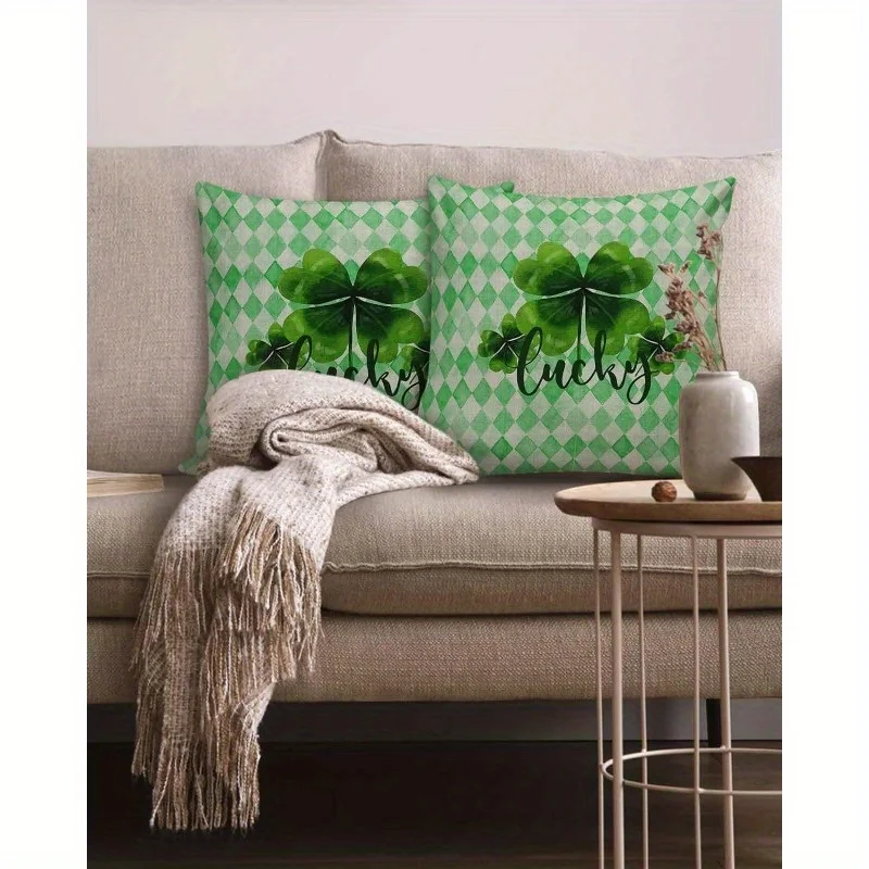 2pcs Pillow Covers St. Patrick's Day Lucky Clover Vinatge White Buffalo Green Plaid Throw Pillow Covers 18x18 Inch Decorative