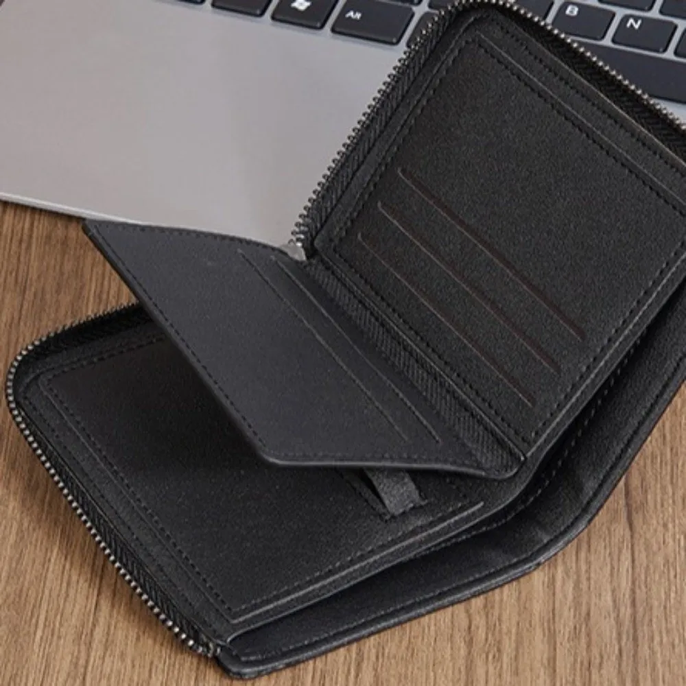 Carteira curta masculina de couro com zíper, bolsa para cartão com letras em inglês, bolsa de couro masculina, capa para cartão de crédito, estilo recreativo urbano