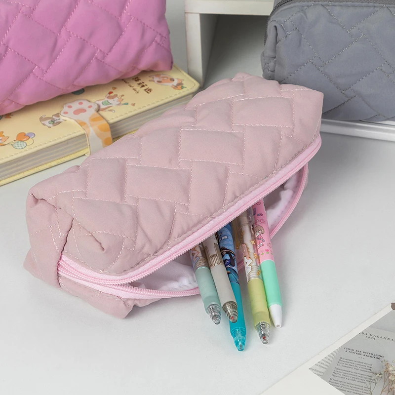 Simple Solid Color Quilted Pencil Case Cosmetic Bag Stationery Storage Pouch Large Capacity Organizer School Supplies