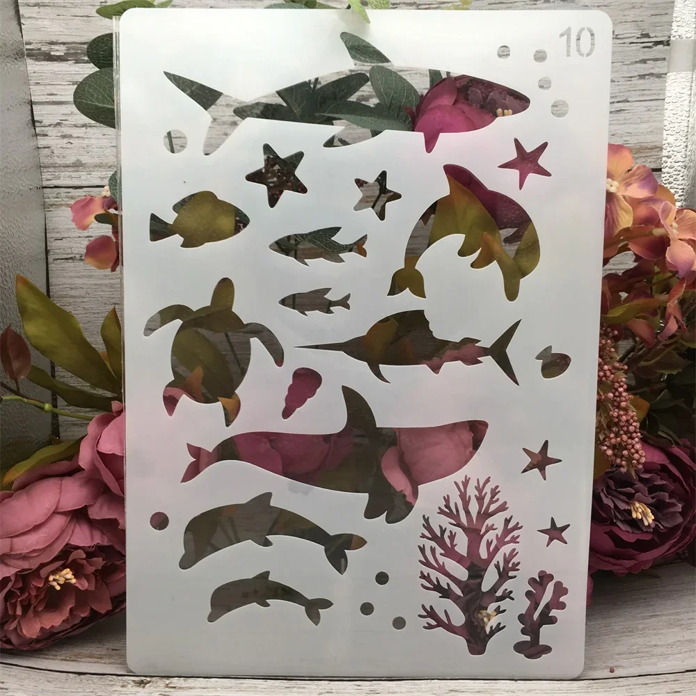 4Pcs A4 29cm Turtle Shark Whale Elephant DIY Layering Stencils Painting Scrapbook Coloring Embossing Album Decorative Template