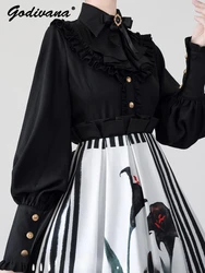Retro Spring and Autumn Ladies Pointed Collar Ruffle Edge Chiffon Lantern Sleeve Shirt Elegant Inner Shirt Lolita Blouses