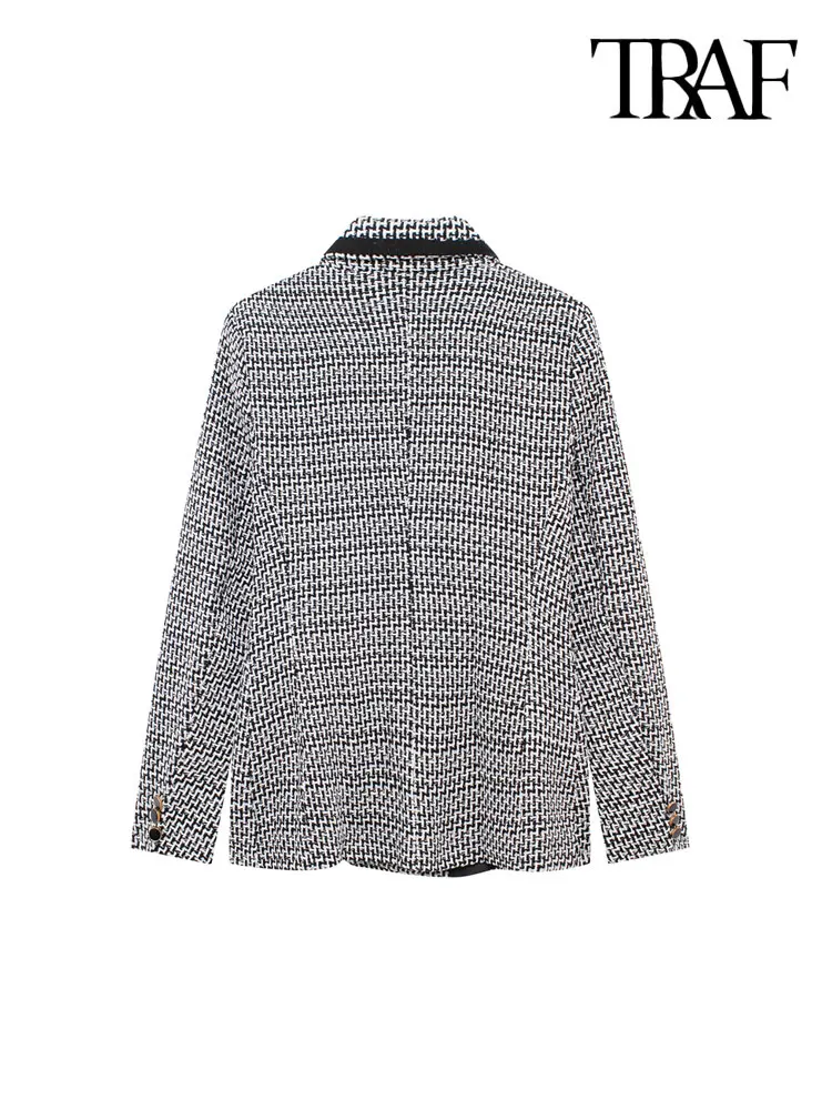 TRAF-Patchwork Tweed Blazer for Women, Long Sleeve Coat, Welt Pockets, Female Outerwear, Chic Tops, Fashion