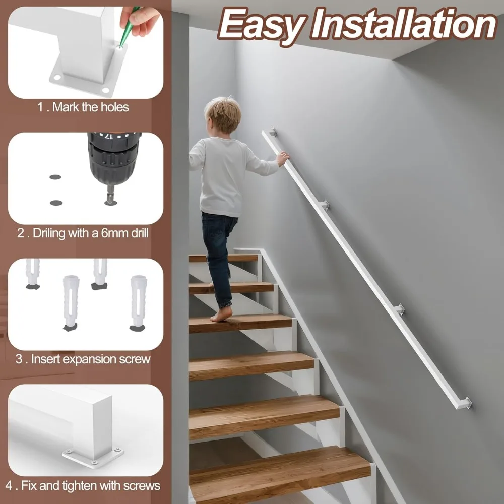 درابزين الدرج الداخلي، درابزين معدني أبيض، مثبت على الحائط، طراز صناعي حديث، يدعم 500 رطل #6