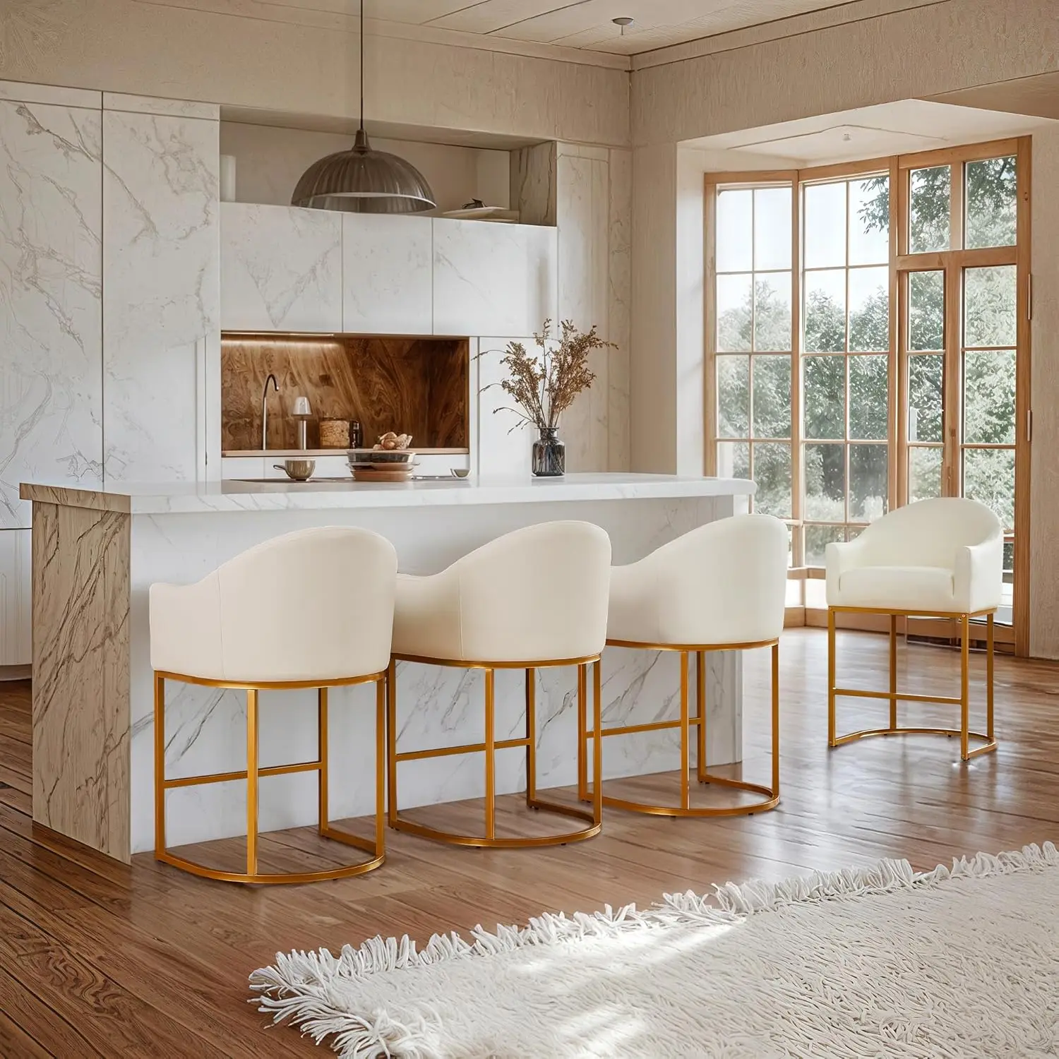 Set of 2 Modern Faux Leather Upholstered Barrel Back Counter Height Bar Stools for Kitchen Island