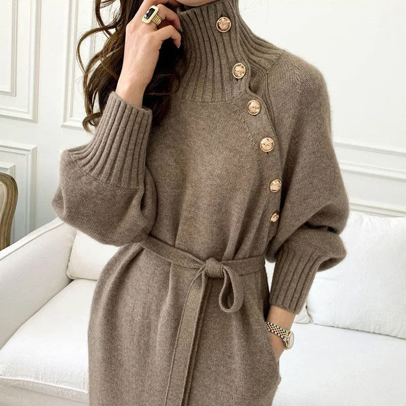 MEXZT Elegant Knitted Midi Dress Women Vintage Turtleneck Sweater One Piece Dresses Winter Korean Black Lace Up Chic Vestidos