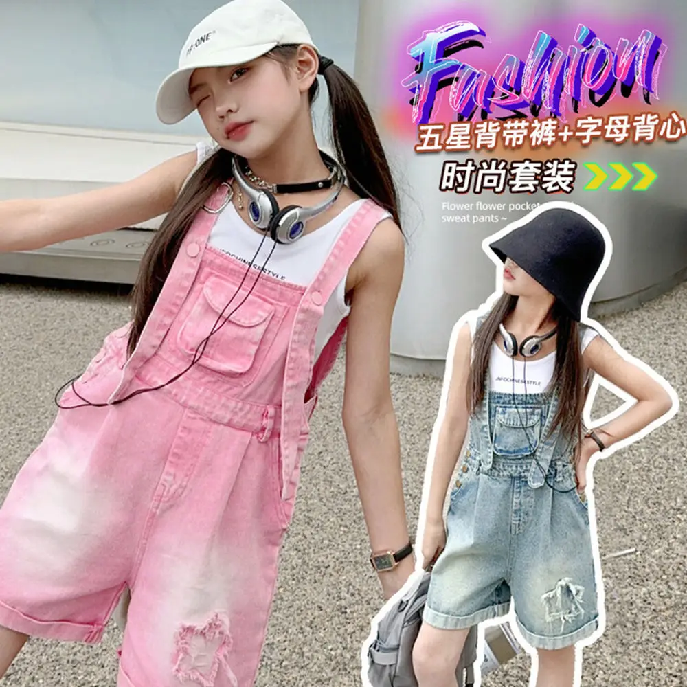 Salopette courte en jean pour adolescentes, style été, polyvalente, avec poches et empiècements, style urbain