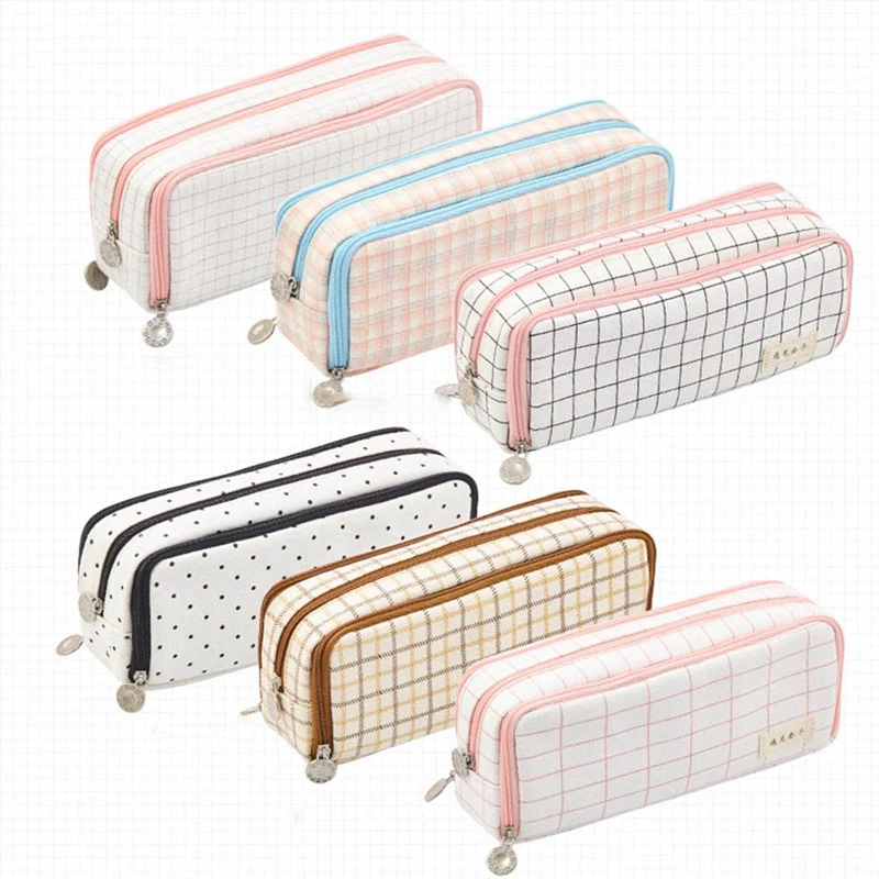 Große Kapazität Plaid Bleistift Fall 3 Fächer Bleistift Pouch Tragbare Leinwand Bleistift Tasche für Jungen Mädchen Studenten Stationäre 1Pcs