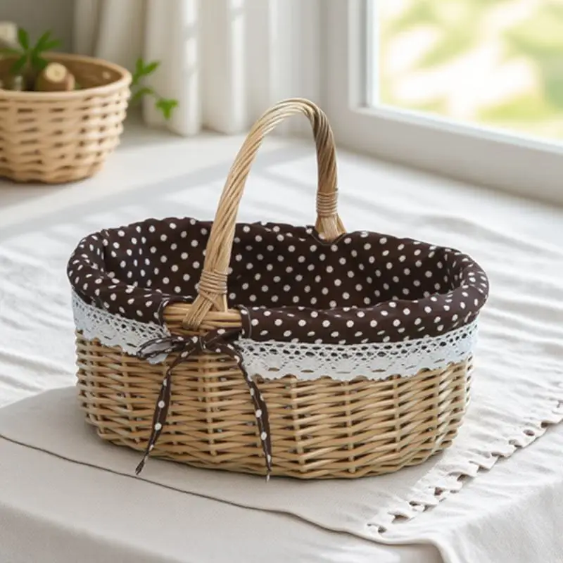 

Wicker Storage Basket Size S Coffee Fabric White Dots Fruit Bread Snack Vegetable Organizer Kitchen Pantry Holder Picnic