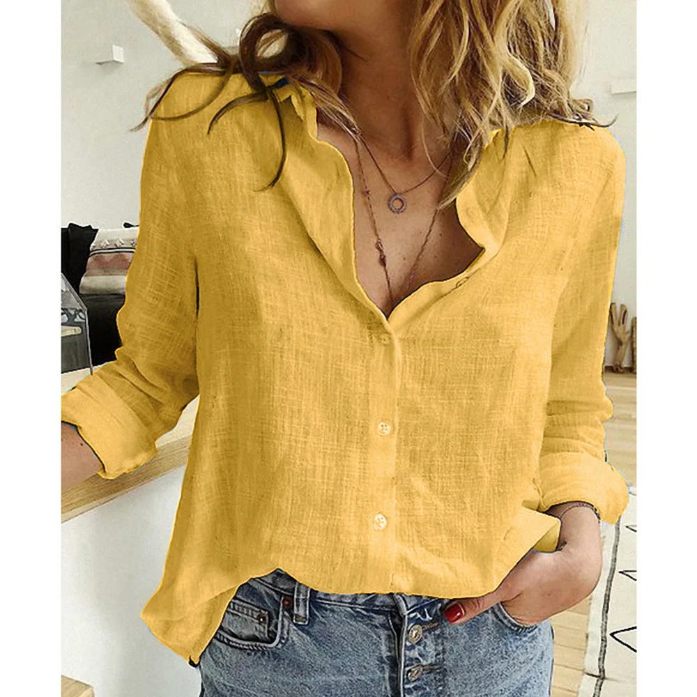 new Elegant Cotton Linen Shirts Women Casual Solid Button Lapel Blouses Shirts Spring Summer Long Sleeve Loose Tops Tunic Blusas