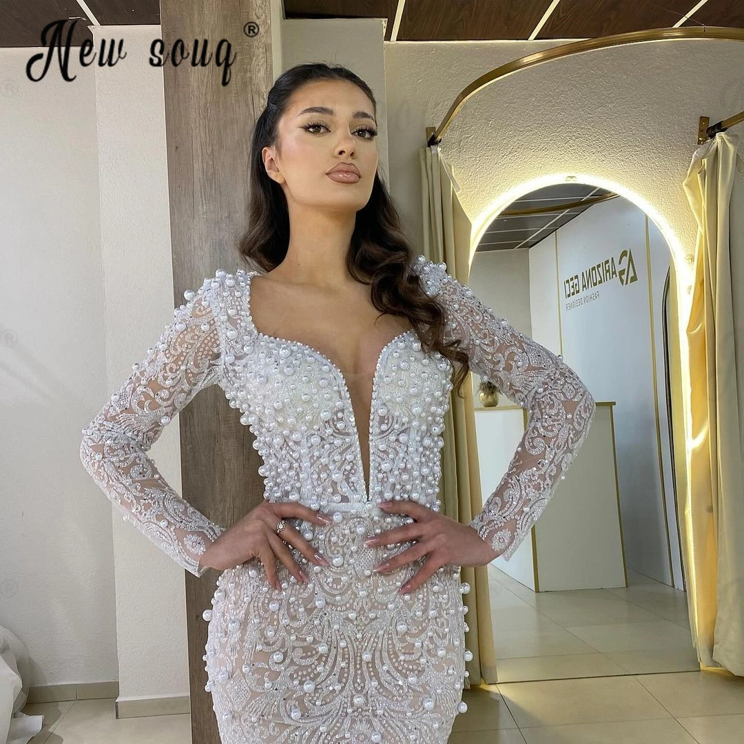 Manga comprida renda sereia vestidos de casamento, pérolas marfim, vestidos de noiva, frisado, Dubai, lindo, personalizado