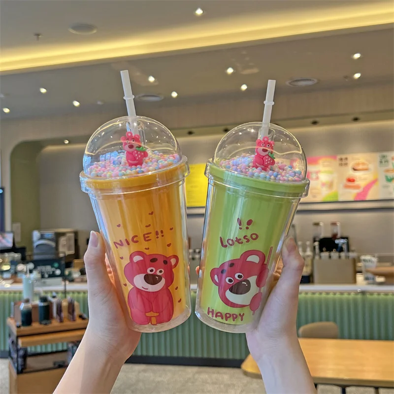 450Ml Kawaii Disney Lotso Waterbeker Grote Capaciteit Dubbellaags Plastic Bekerstijl Draagbare Rieten Beker Verjaardagscadeau Voor Kinderen
