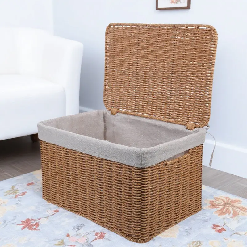 

Large Rectangular Wicker Storage Basket with Lid and Dual Handles for Laundry Clothes Books Magazines Decorative Home