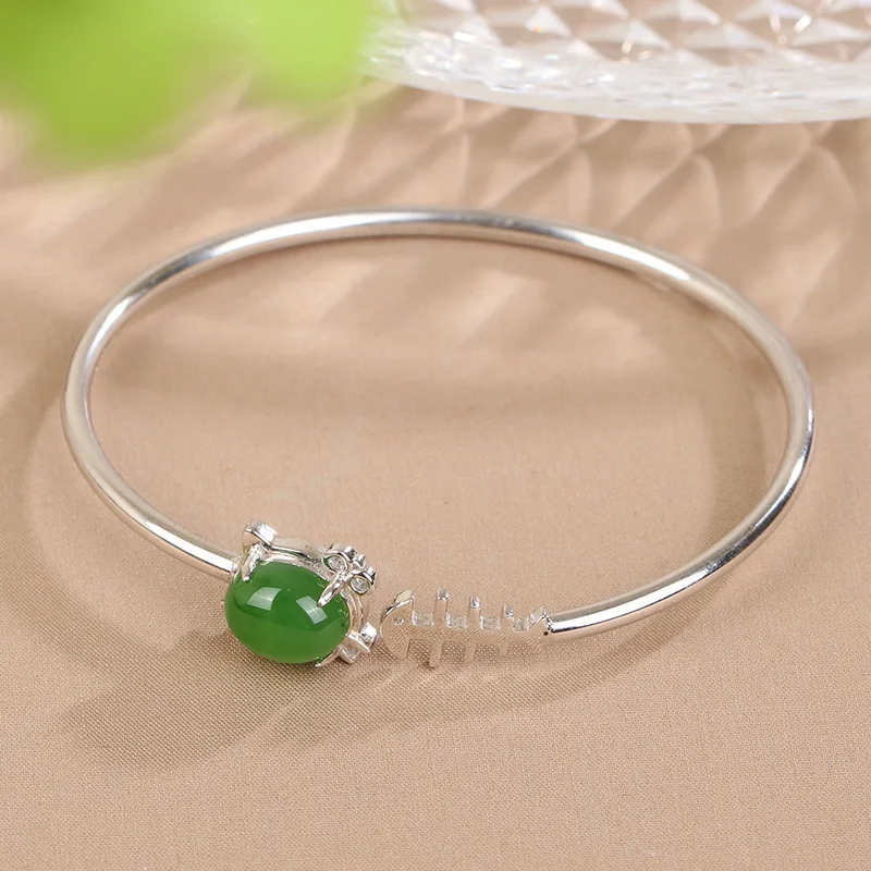 

Женский открытый браслет из стерлингового серебра 925 пробы с инкрустацией нефритом и яшмой