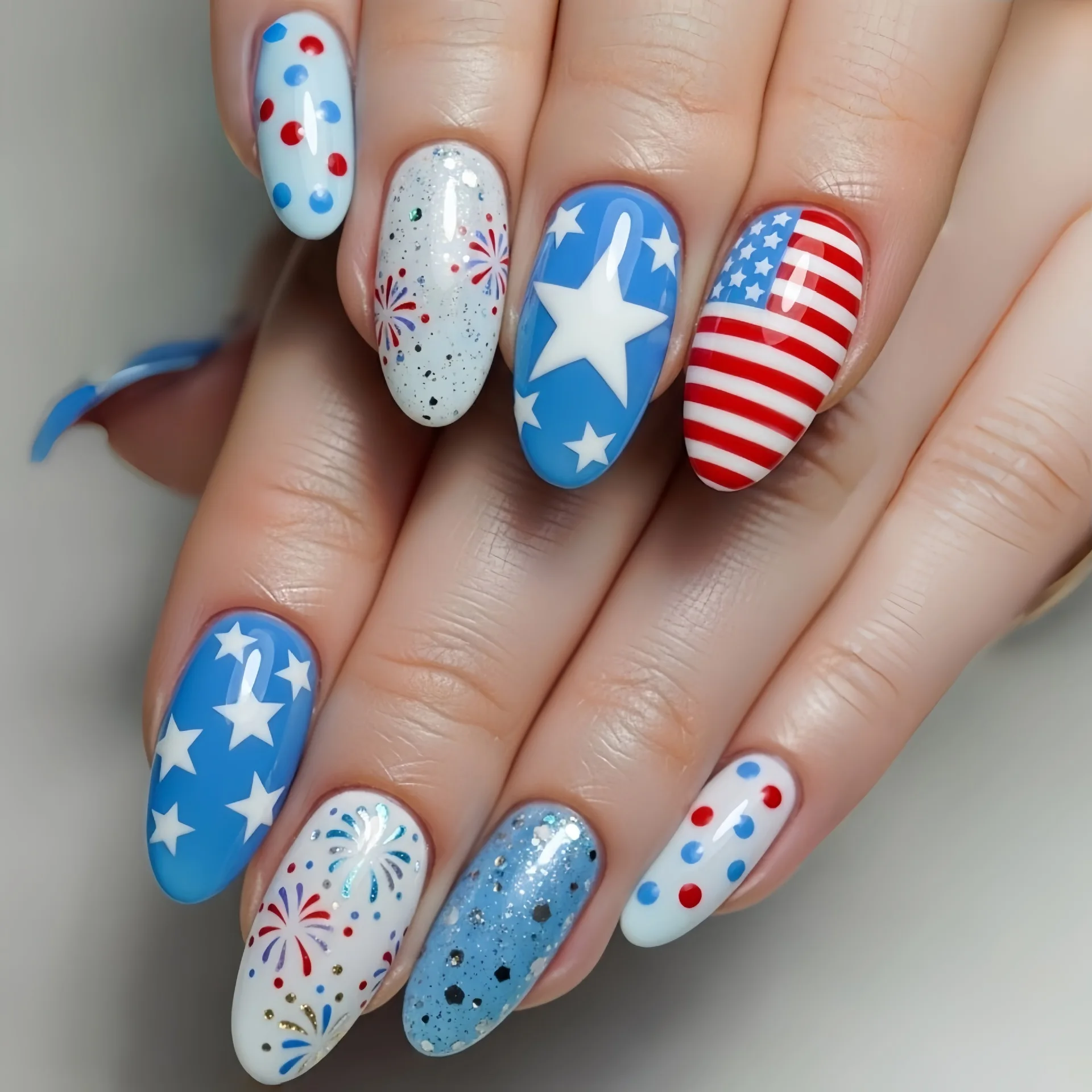 

Independence Day fireworks star striped flag wearing armor, red, white and blue design, fashionable manicure