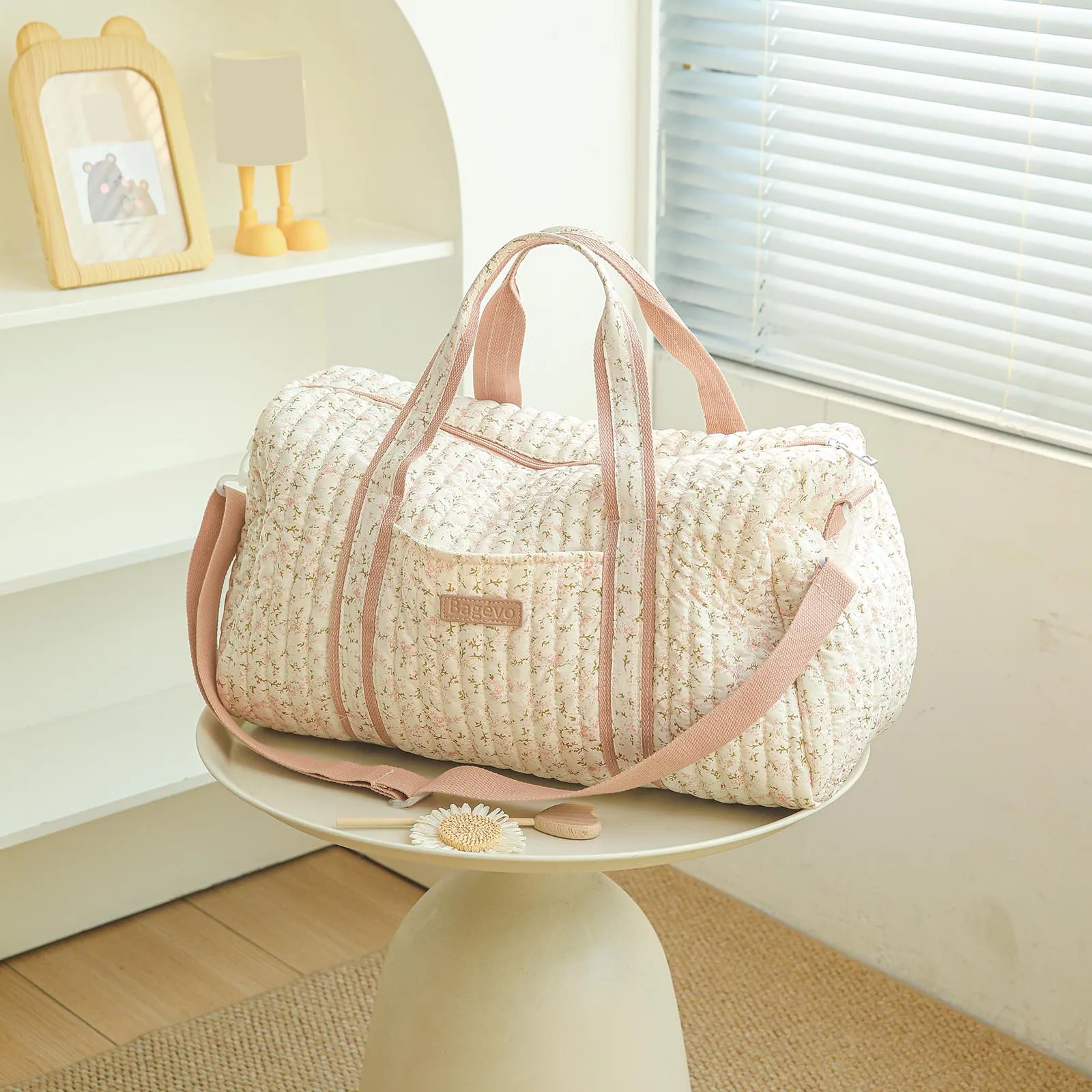 Floral Quilted Luggage Bags Large Capacity Cute Floral Printed Boston Bags Multi-Compartment Newborn Baby Care Diaper Bag
