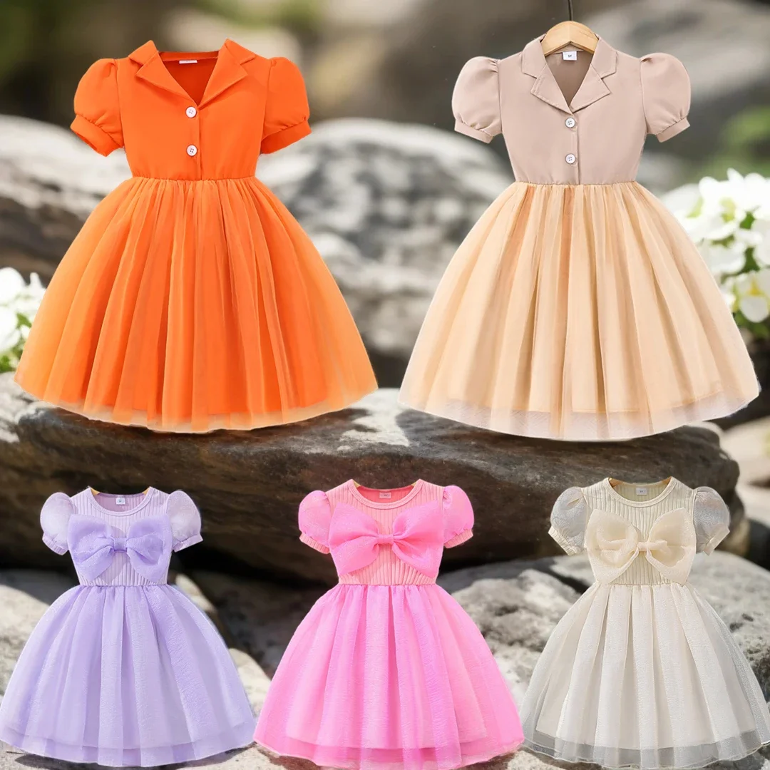 

Новинка, детская одежда для девочек, летняя однотонная газовая юбка с коротким рукавом, детская одежда, повседневное милое платье с большим бантом для девочек