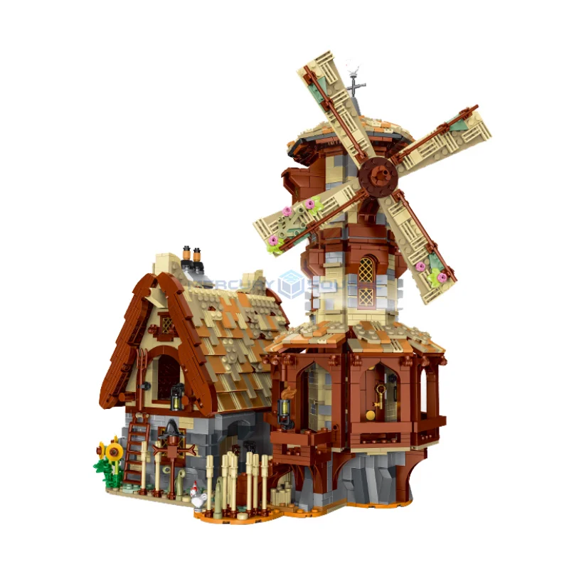 

European Winnower House Architecture Windmill Medieval Century Village MOC Ideas Building Bricks Model Blocks Toy Gift for Kids