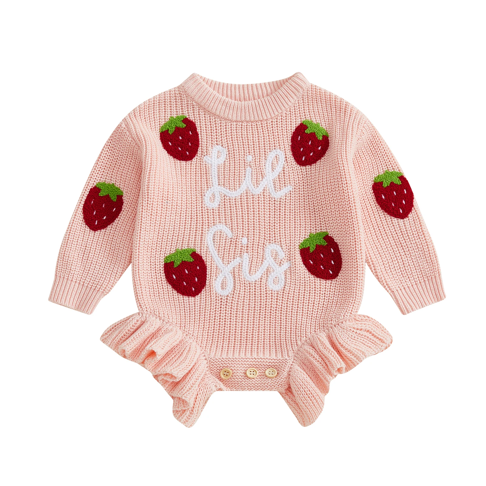 

Baby Girls Sweater Romper Strawberry and Letter Embroidery Ruffled Long Sleeve Knit Jumpsuit