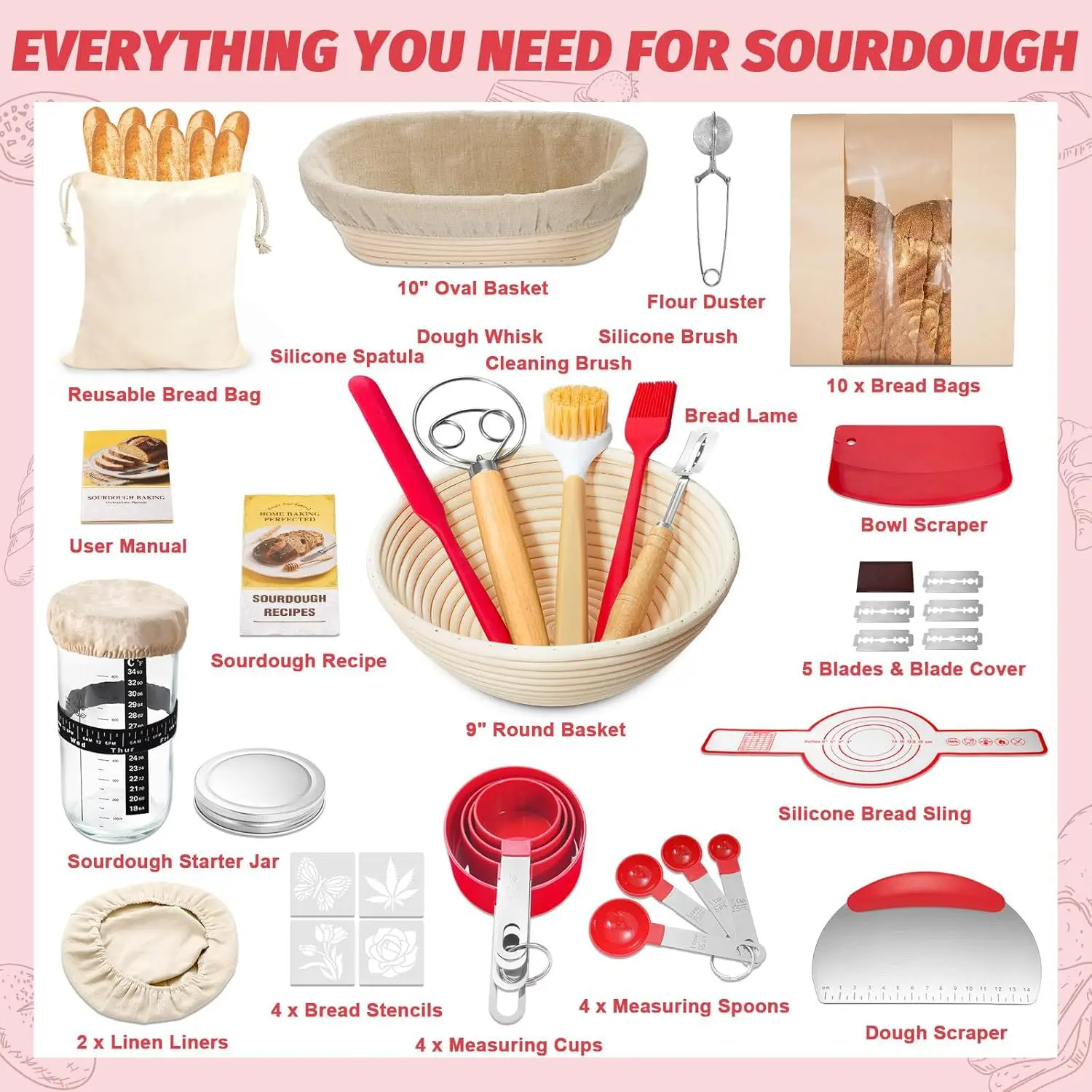 Complete Sourdough Bread Baking Kit Bread Proofing Basket Set with Dough Scraper Whisk Measuring Tools Silicone Baking Mat Banne
