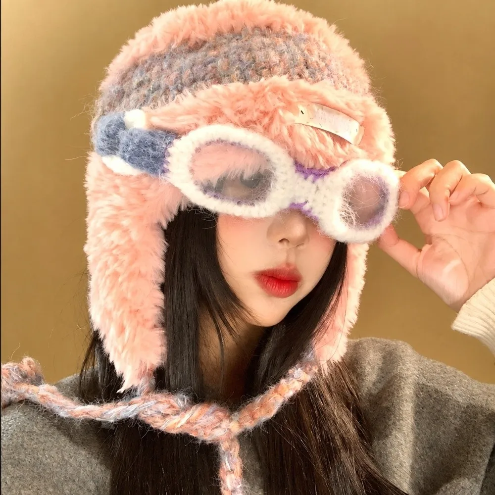 New Warm Winter Flight Hats Thickened with Glasses Wool Beanie Hat Windproof Ear Protection Pullover Cap For Women