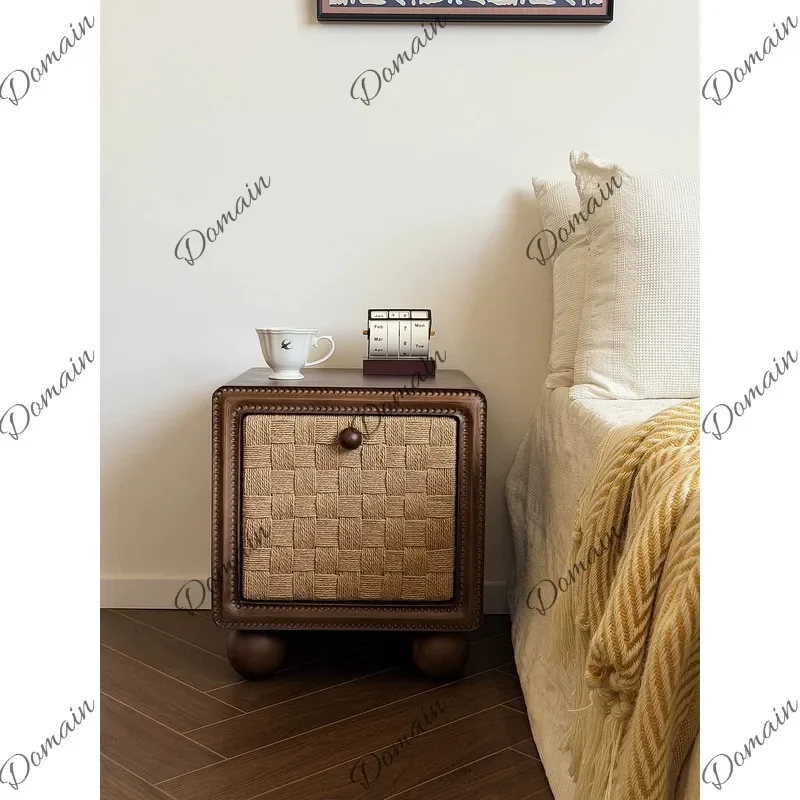 SF Mid-Century Black Walnut Nightstand with Danish Woven Front, French Vintage Bedside Table, Wabi-Sabi Style