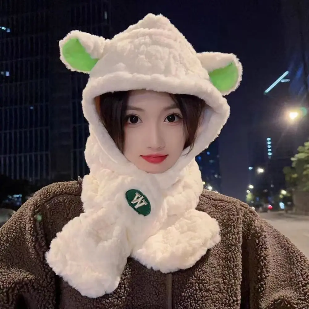 Warm Solid Color Plush Lamb Hat Fashion Design Korean Style Cartoon Fleece Hat Muffler Cartoon Plush Hat with Scarf Boy