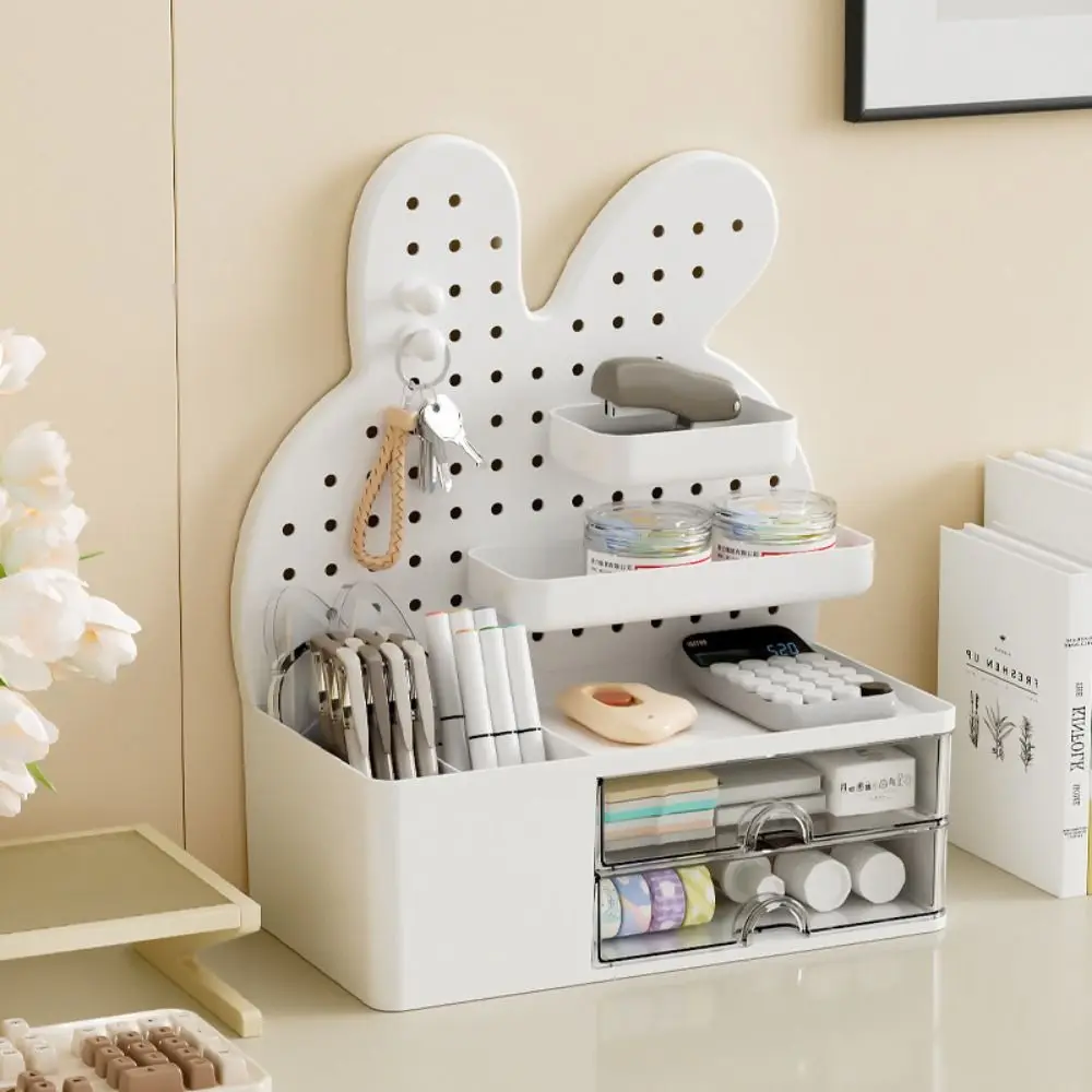 Large Capacity Desktop Organizers with Drawers with 2 Hooks Multifunction Desktop Hole Board Display Stand Rabbits Kawaii