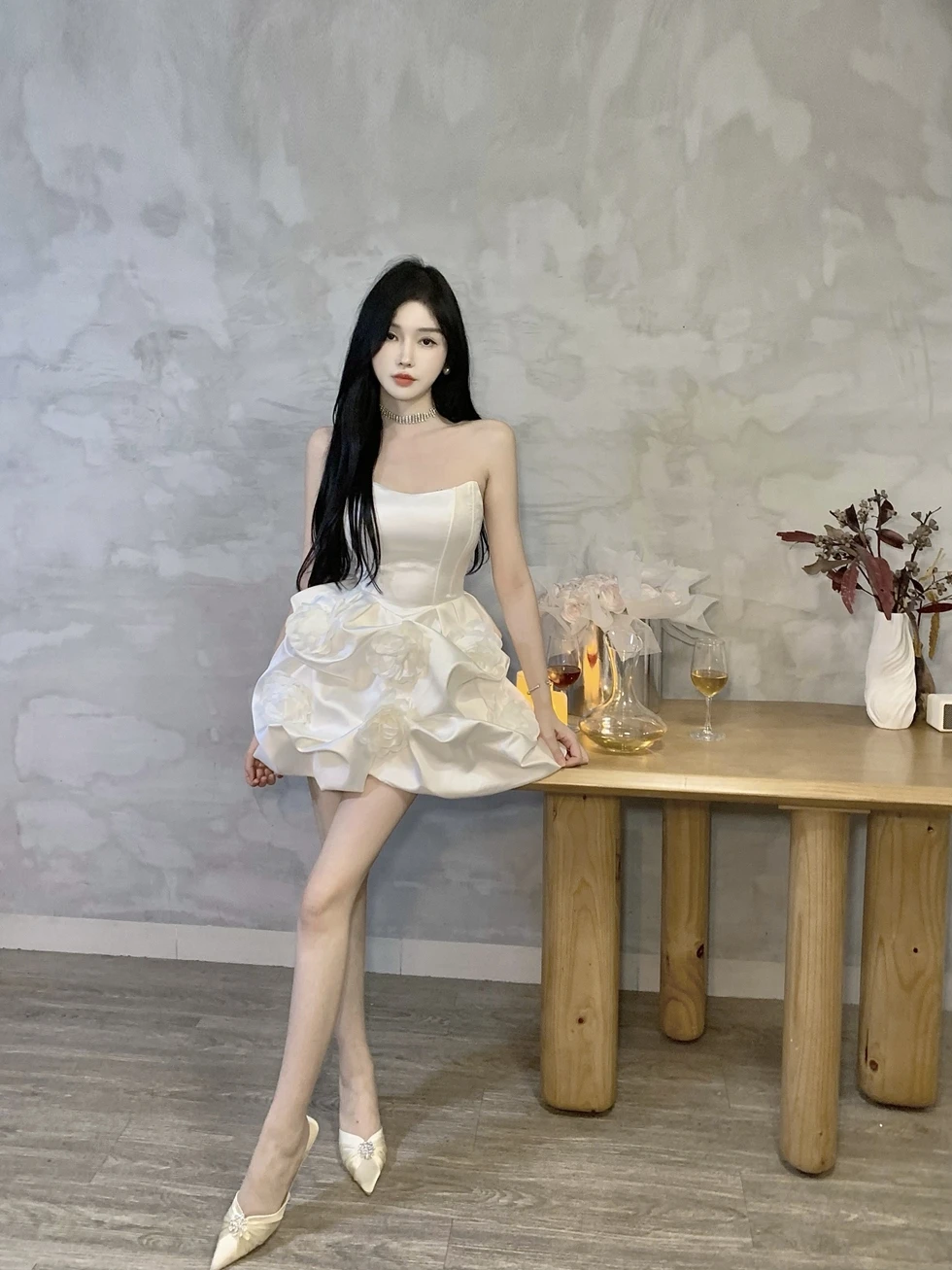 Ele – robe de soirée blanche à bretelles pour femmes, avec motif floral 3D, amincissante, Bustier Sexy, français, printemps, été, automne