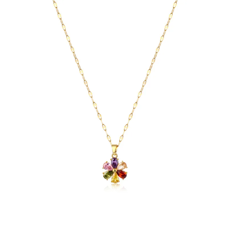 Vintage Bohemia Colorful Zircon Crystal Flower Pendant Stainless Steel Women Necklaces Female Clavicle Chain Jewelry Wholesale