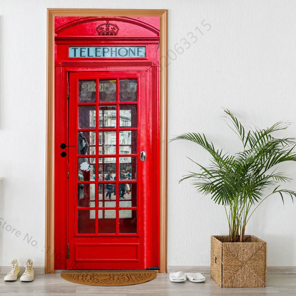 Metal Doors Wooden Door Sticker Mural Peel&Stick Wallpaper Self-adhesive Telephone Booth Decals Removable Pvc Waterproof Poster