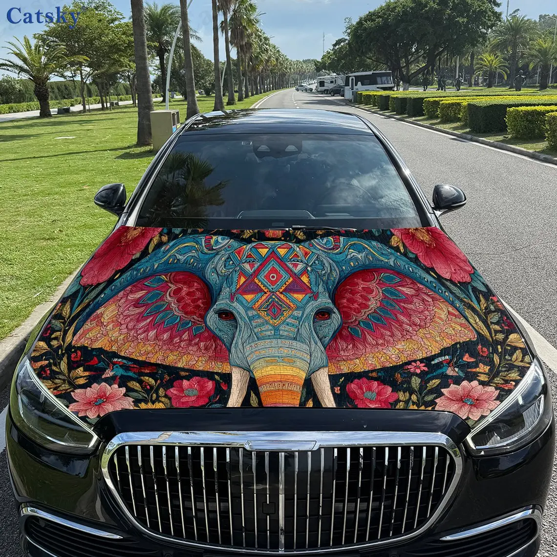 

Trendy Exotic Elephant Head Flower PVC Car Vinyl Wraps, Self-Adhesive Waterproof Car Hood Decal Sticker, Car Decoration Protecti