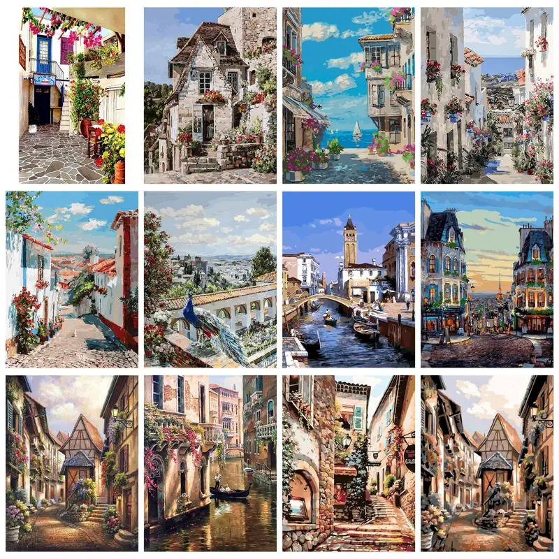 

CHENISTORY Painting By Numbers Venice Town Landscape DIY Frame Paint By Numbers On Canvas DIY Scenery Home Decoration